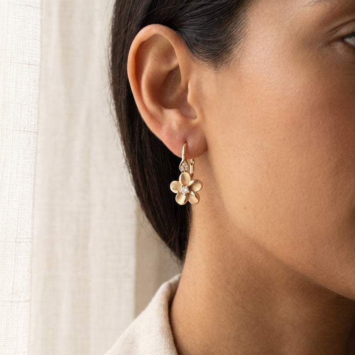 0.15 ct Diamond Floral Drop Earrings in 14K Yellow Gold, worn