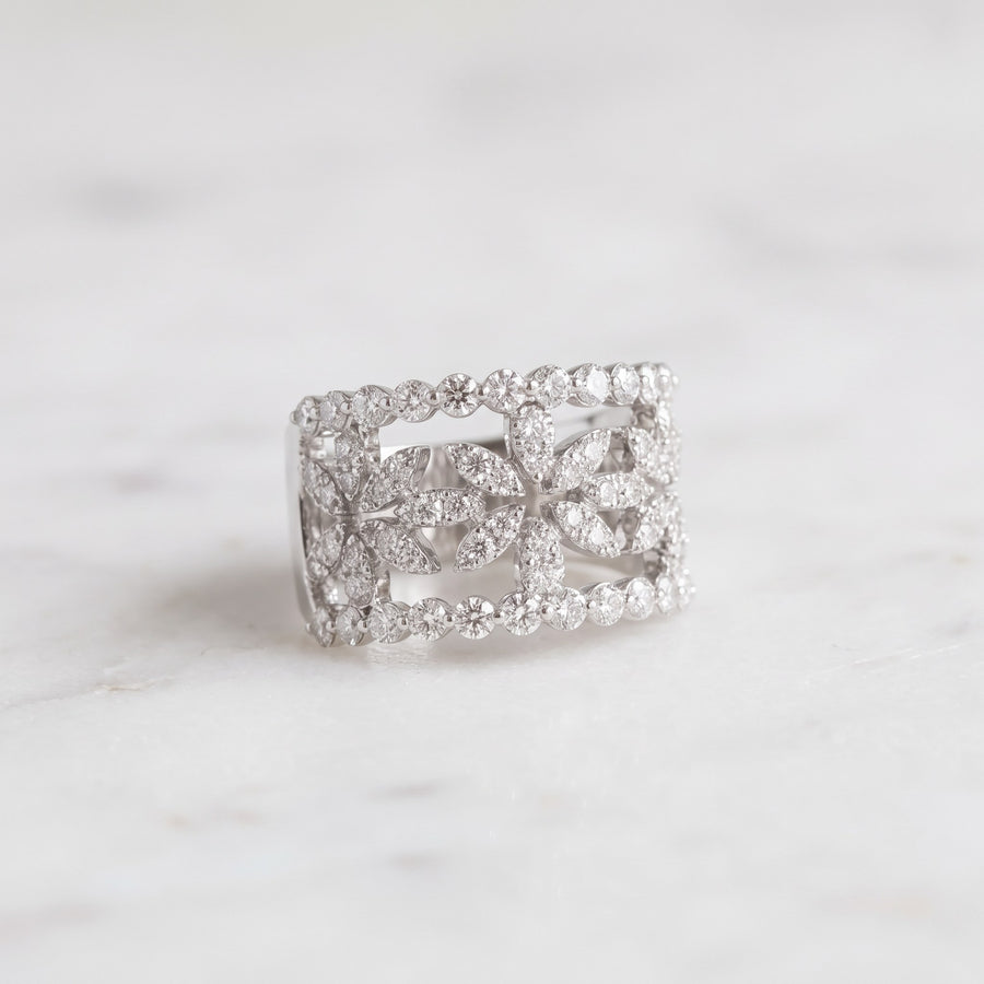 Diamond Floral Motif Wide Cocktail Ring in White Gold