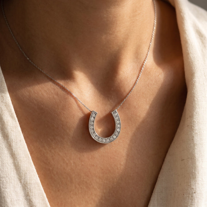 0.25 ct Diamond Horseshoe Charm Necklace in 14K White Gold, worn