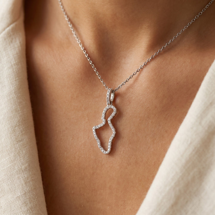 0.13 ct Diamond Maui Map Outline Pendant in 14K White Gold, worn