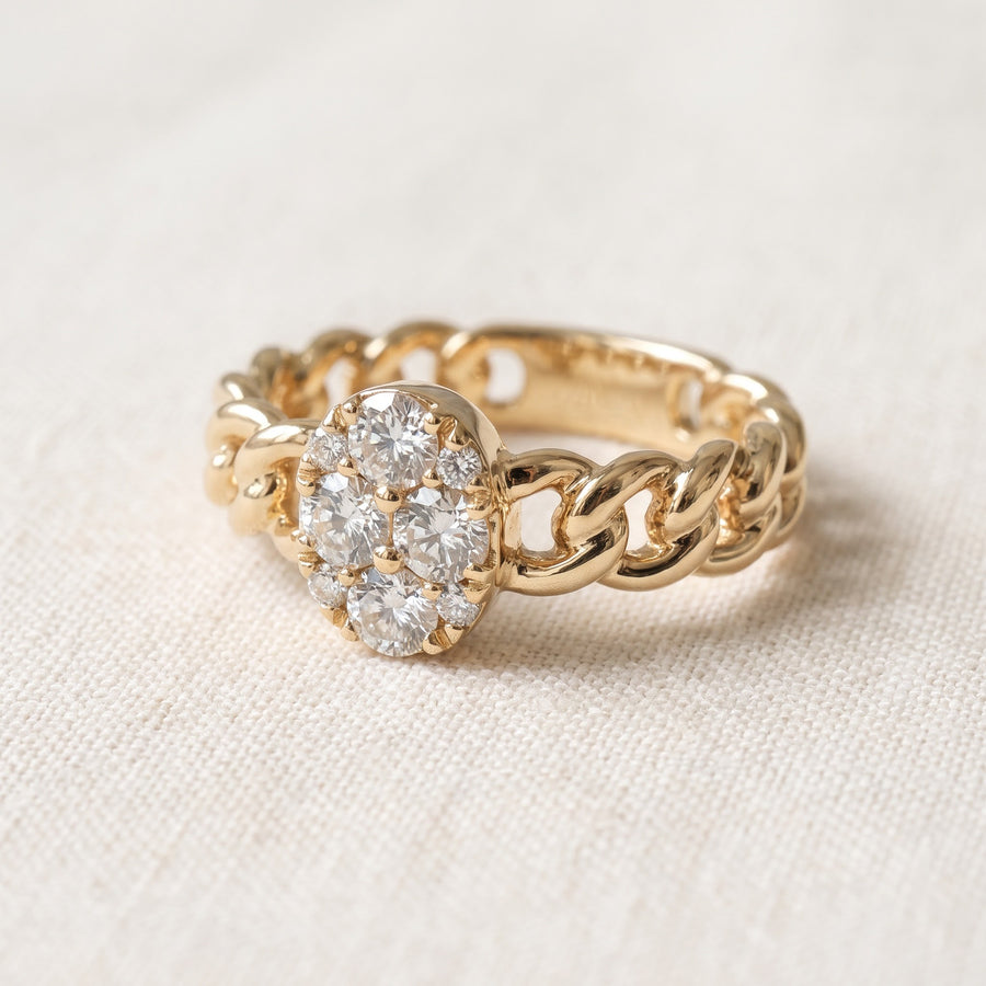 Diamond Oval Cluster Chain Link Ring in Yellow Gold