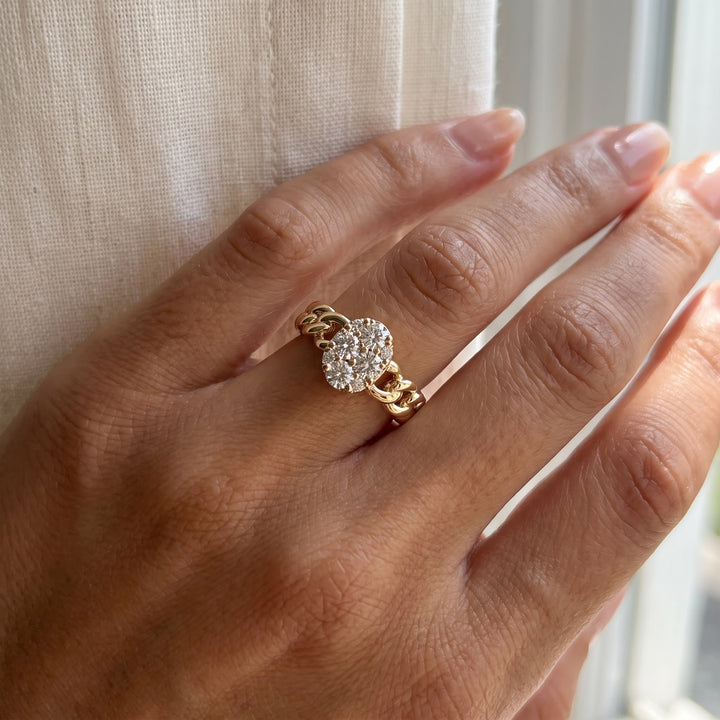 0.48 ct Diamond Oval Cluster Chain Link Ring in 14K Yellow Gold, worn
