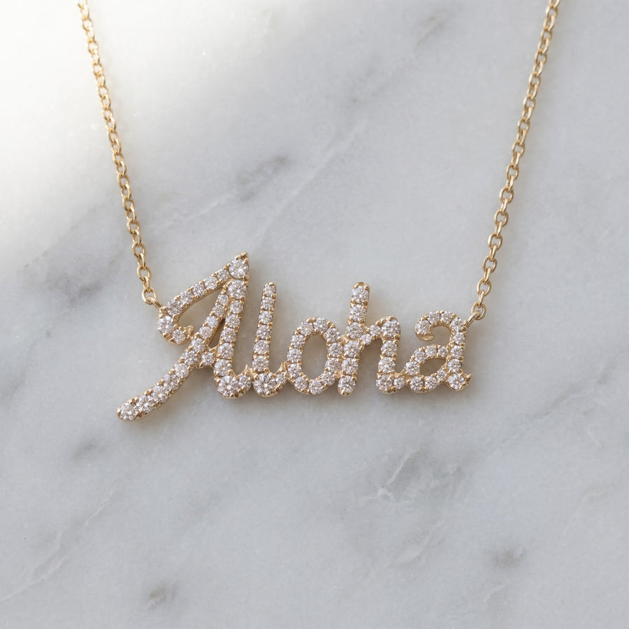Diamond Pave Aloha Script Necklace in Yellow Gold