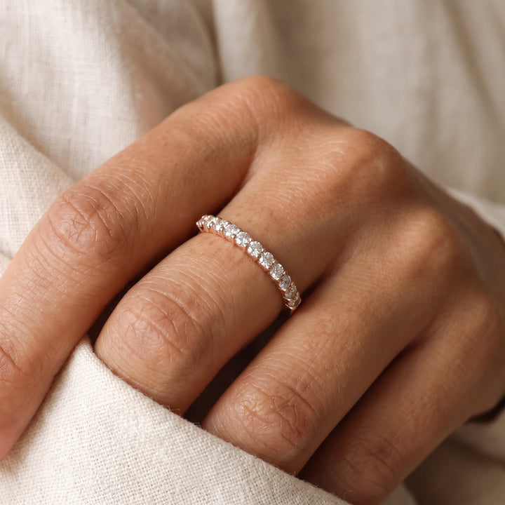 Diamond Shared-Prong Band in Rose Gold, worn