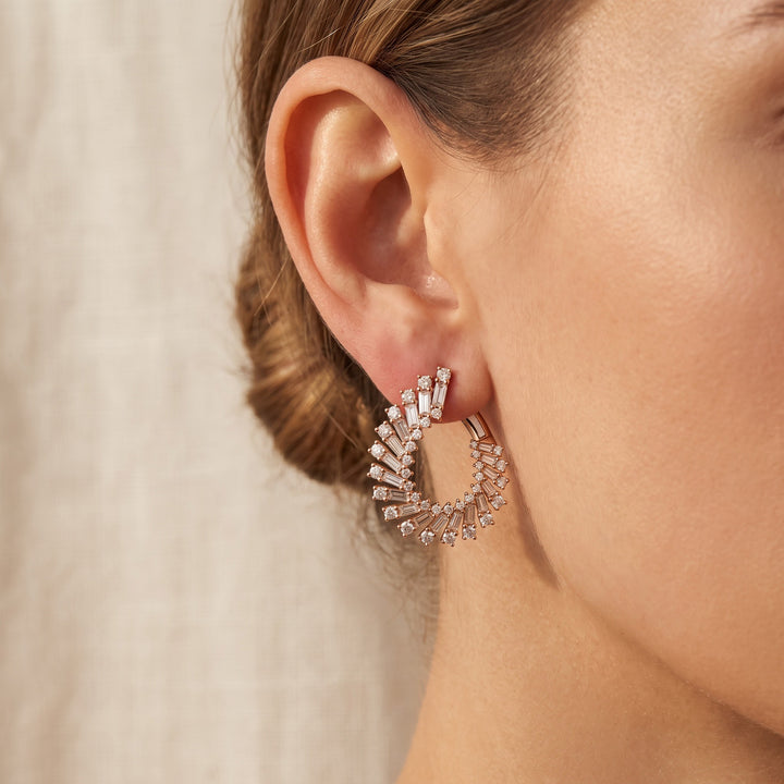 2.93 ct Baguette and Round Diamond Sunburst Hoop Earrings in 14K Yellow Gold, worn