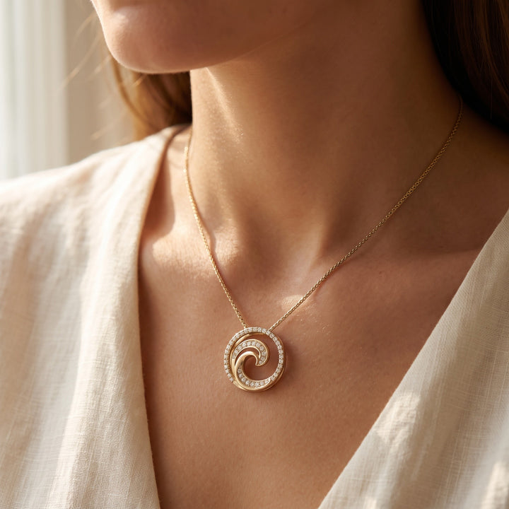 0.18 ct Diamond Wave Pendant in 14K Yellow Gold, worn