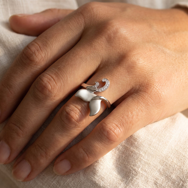 0.06 ct Diamond Whale Tail Cocktail Ring in 14K White Gold, worn