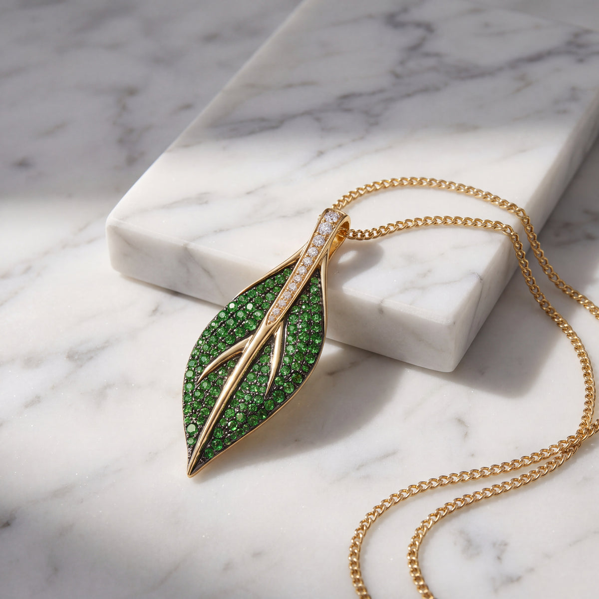 0.74 ct Tsavorite and Diamond Leaf Pendant in 14K Yellow Gold