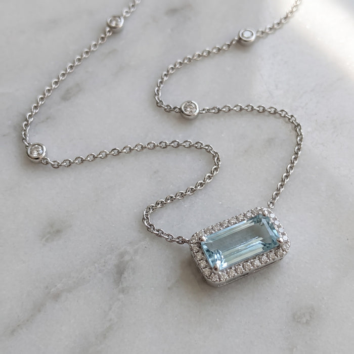 1.41 ct East-West Aquamarine and Diamond Halo Necklace in 14K White Gold