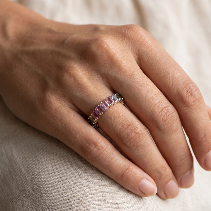 Emerald-Cut Multi-Color Sapphire Eternity Ring in 14K Yellow Gold, worn