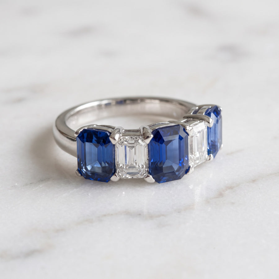 Emerald-Cut Royal Blue Sapphire Alternating Ring in White Gold