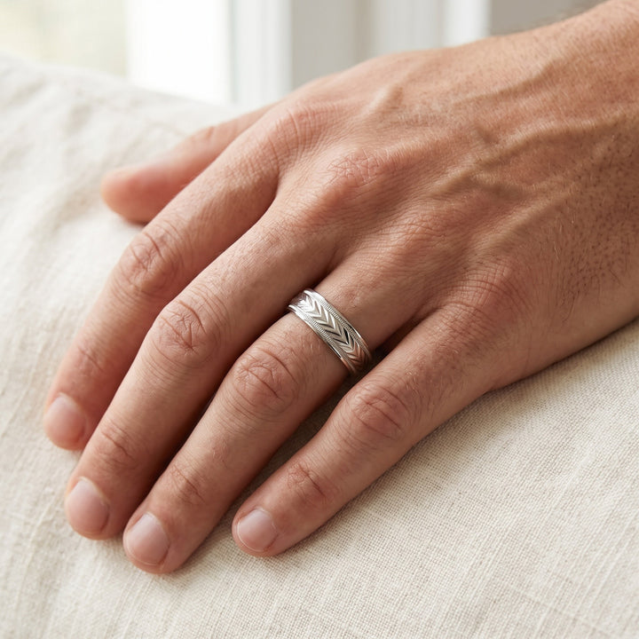 Engraved Chevron Wedding Band with Milgrain in 14K White Gold, worn