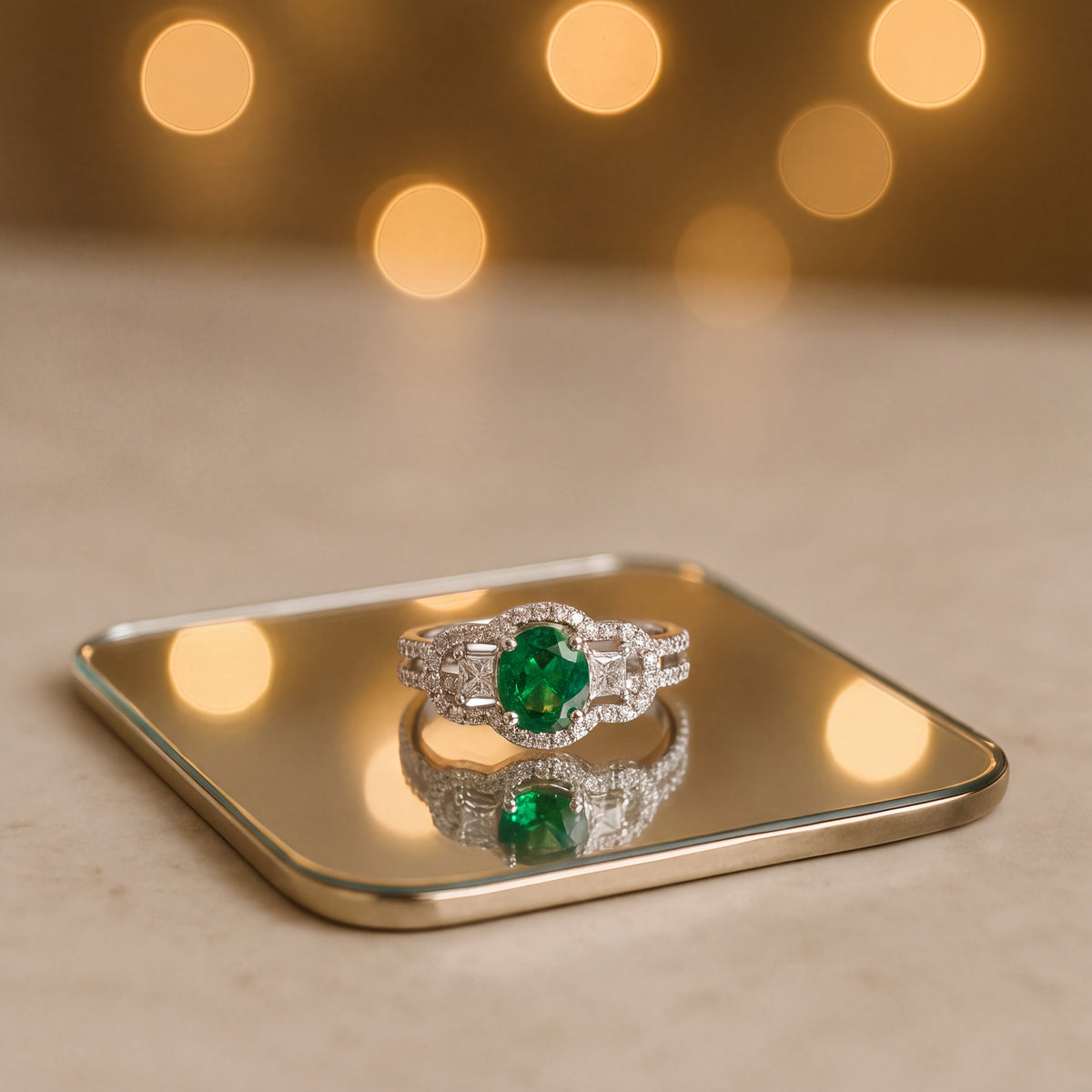 1.05 ct Emerald Cocktail Ring with Diamond Halo in 18K White Gold