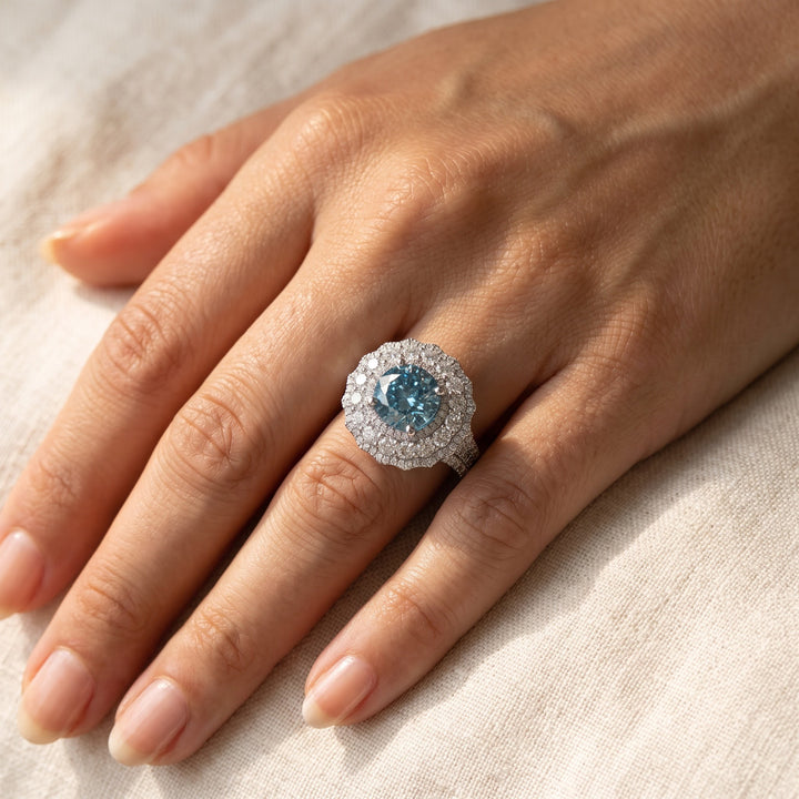 5.80 ct Blue Zircon and Diamond Double Halo Cocktail Ring in 14K White Gold, worn