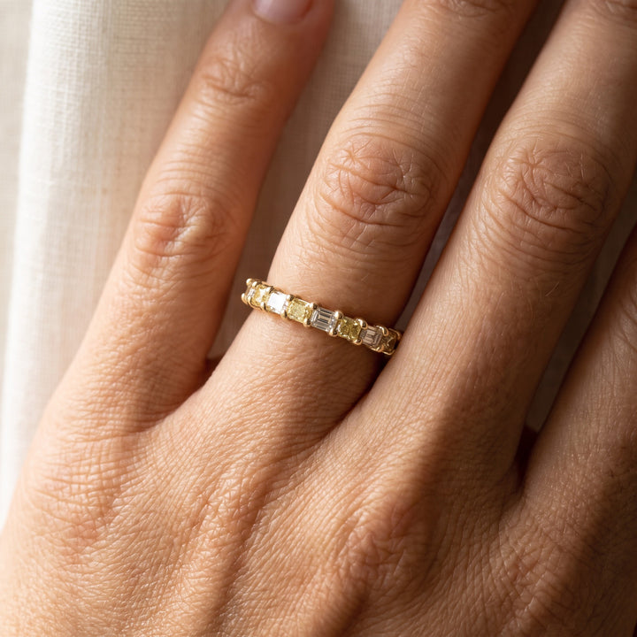 Fancy Yellow and White Diamond Band in Yellow Gold, worn