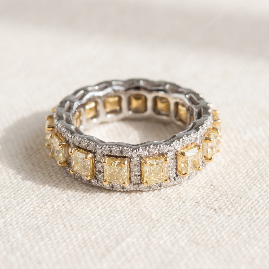 Fancy Yellow Diamond Halo Eternity Ring in White Gold