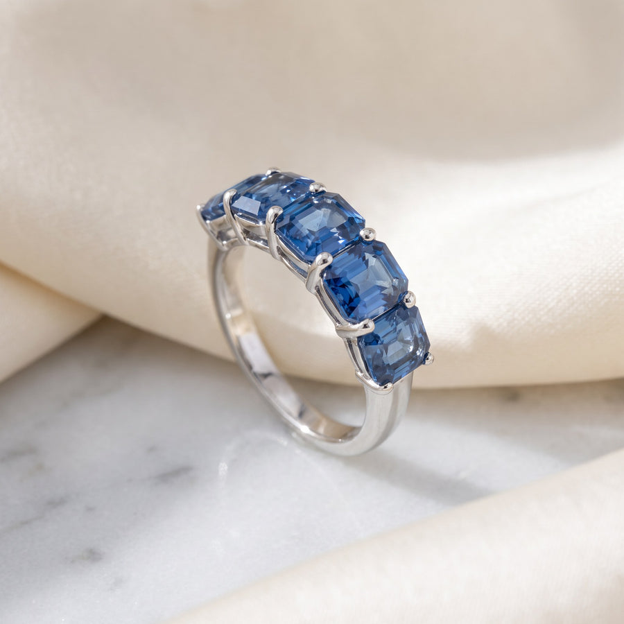 Five-Stone Medium Blue Sapphire Ring in White Gold