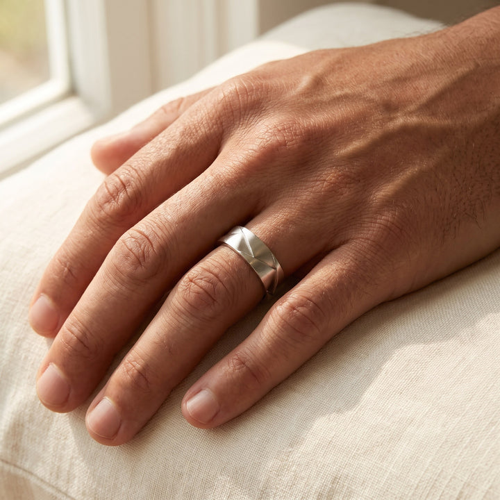 Geometric Brushed Finish Band Ring in 14K White Gold, worn