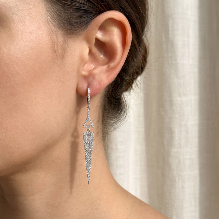 0.66 ct Geometric Diamond Spike Dangle Earrings in 14K White Gold, worn