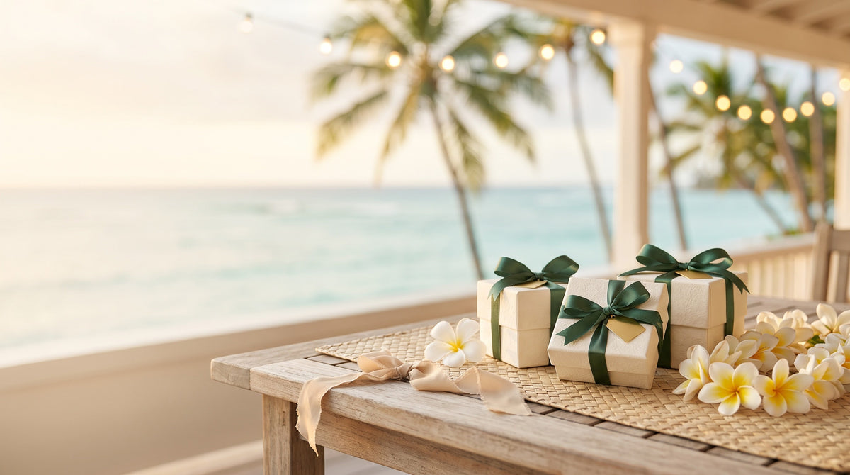 Wrapped gifts on a table by the ocean