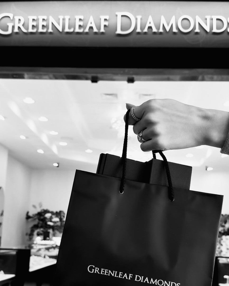 A hand carrying a Greenleaf Diamonds bag inside the store