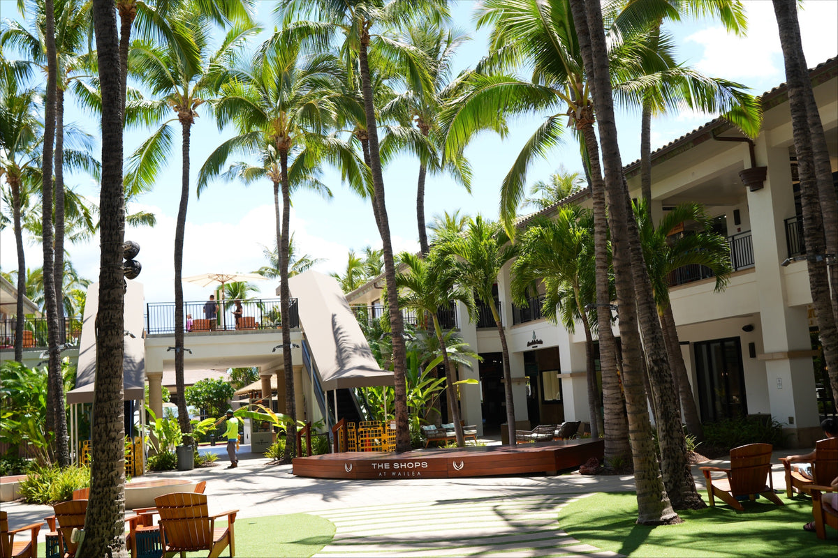 The courtyard at the Shops at Wailea: tall palms, lawn and the two-storey shops around it