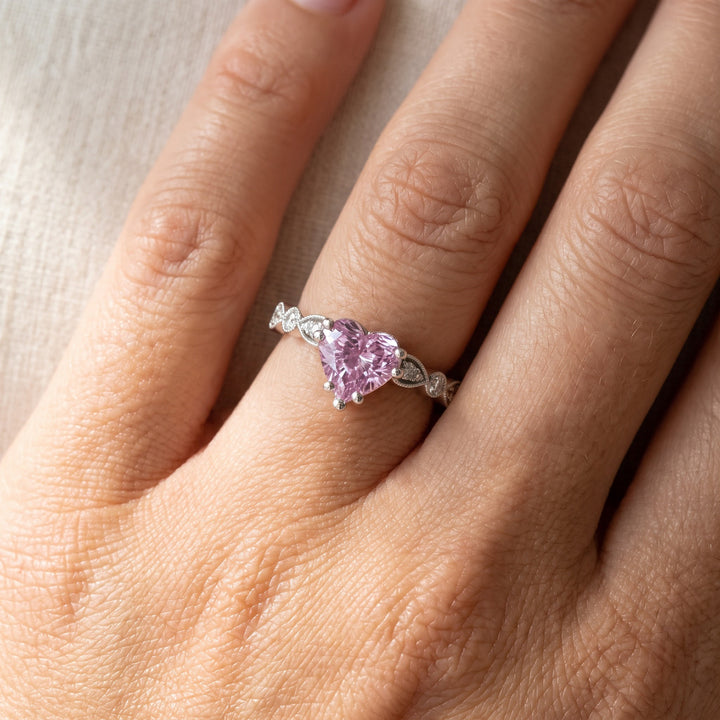 1.72 ct Heart-Cut Pink Sapphire and Diamond Ring in 14K White Gold, worn