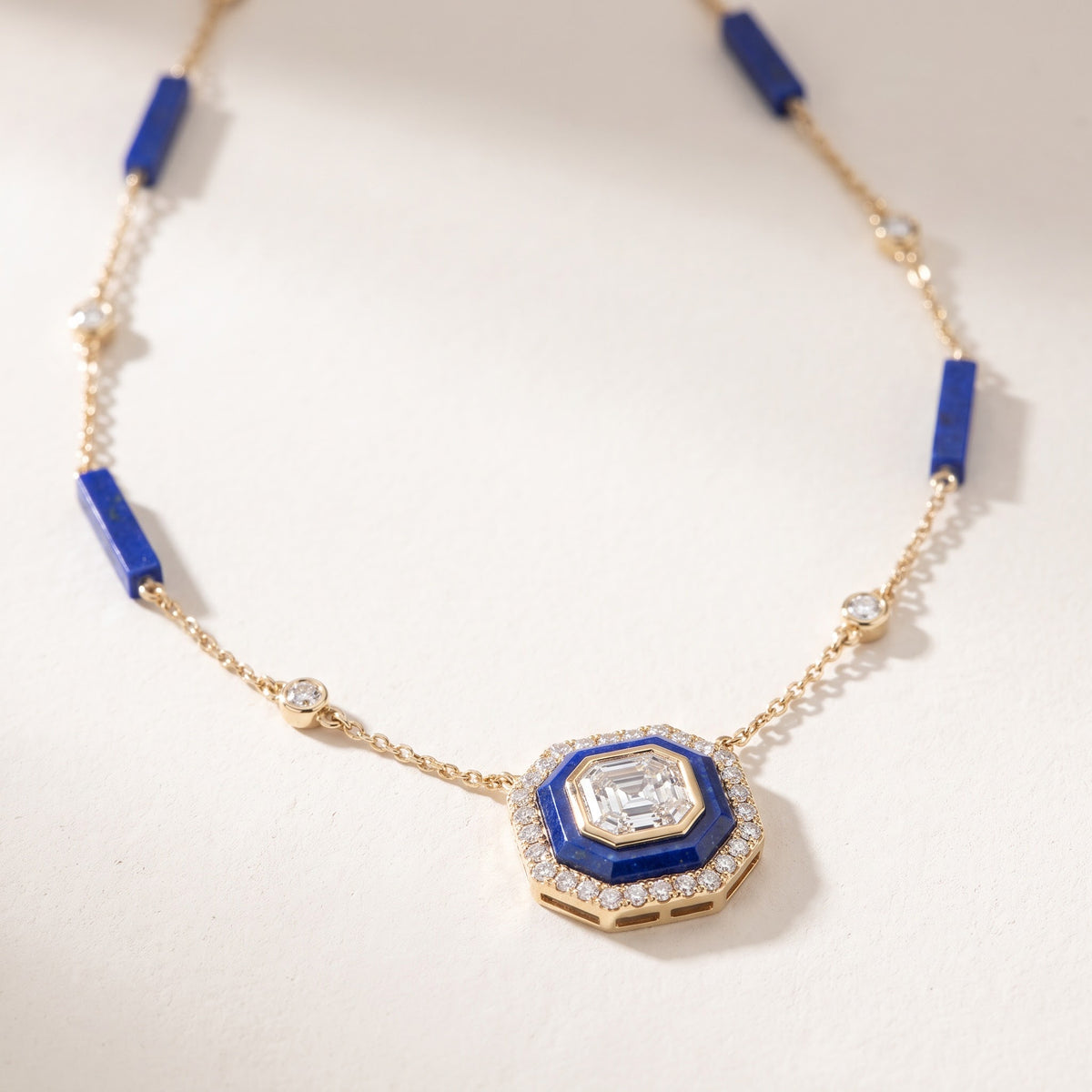 3.13 ct Lapis Lazuli and Diamond Octagonal Pendant Station Necklace in 18K Yellow Gold