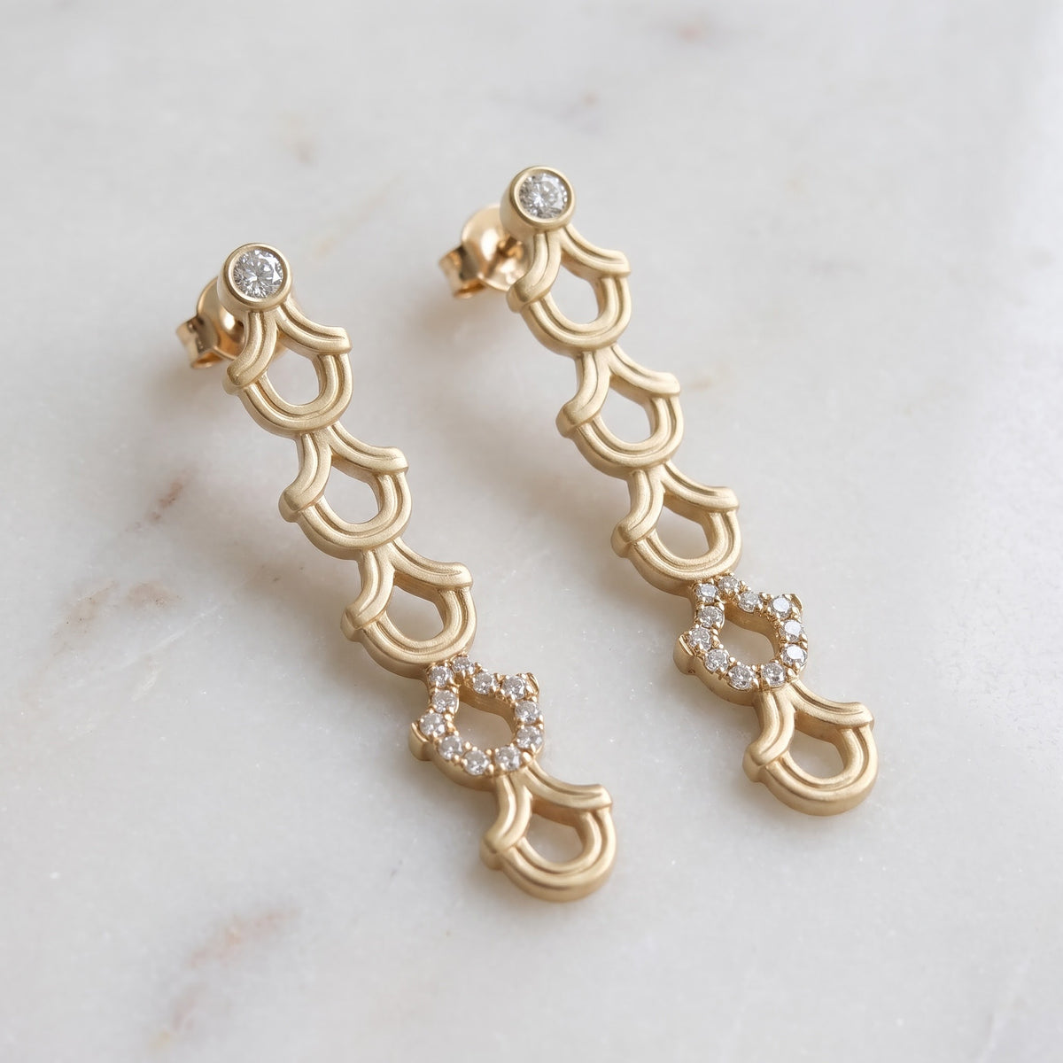Matte Yellow Gold and Diamond Articulated Drop Earrings