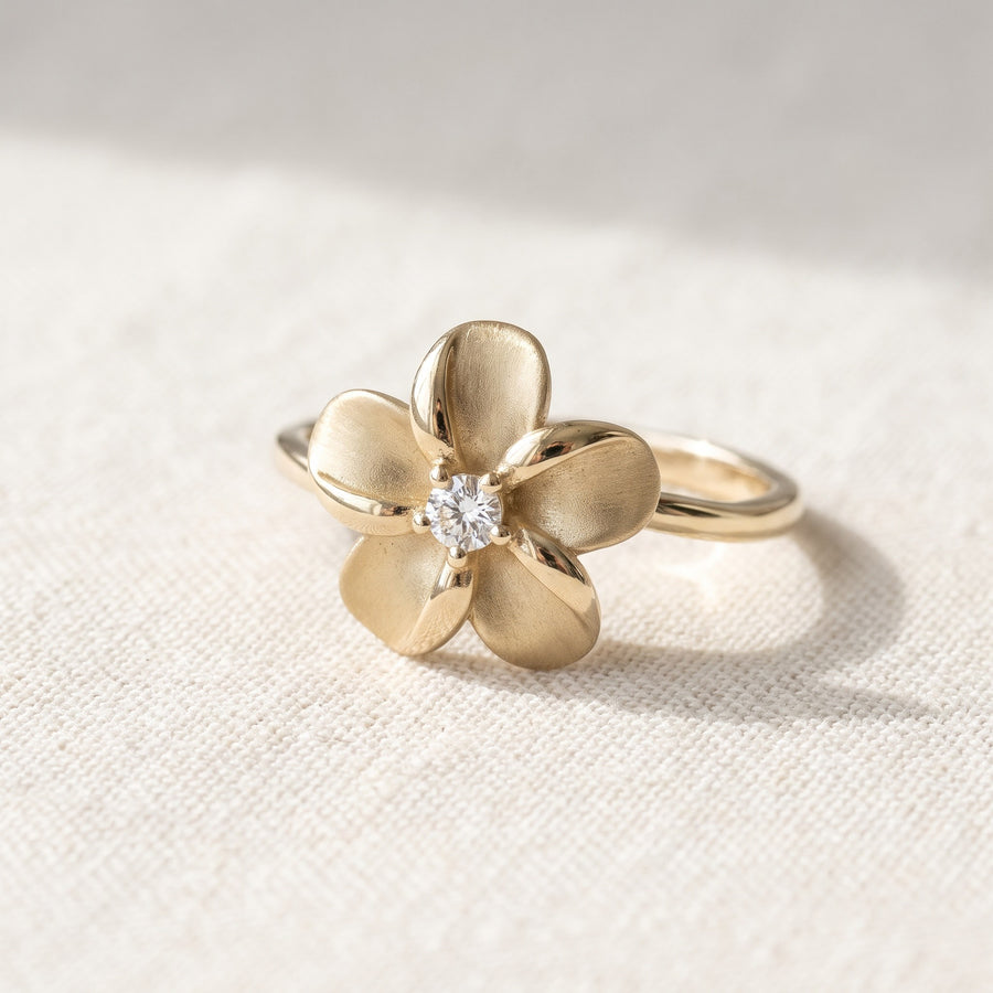 Matte Yellow Gold Plumeria Diamond Solitaire Ring