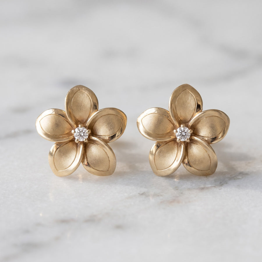 Matte Yellow Gold Plumeria Diamond Stud Earrings