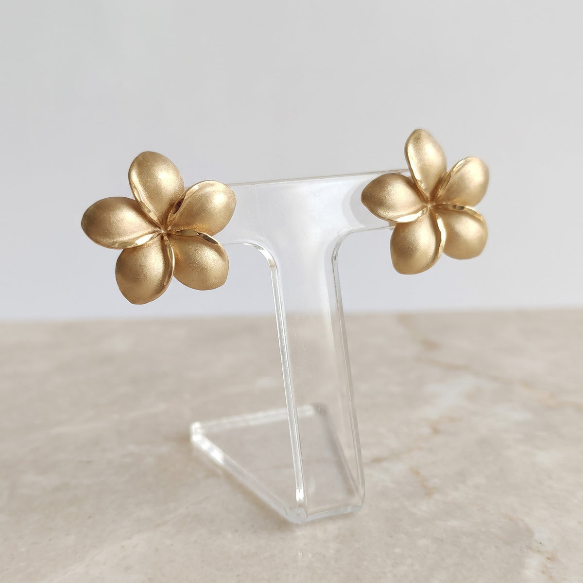 Matte Plumeria Flower Stud Earrings in 14K Yellow Gold