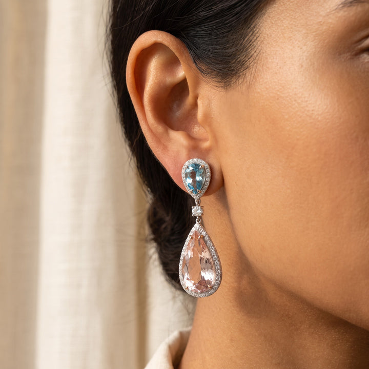 12.95 ct Pear Morganite, Aquamarine and Diamond Halo Drop Earrings in 14K White Gold, worn