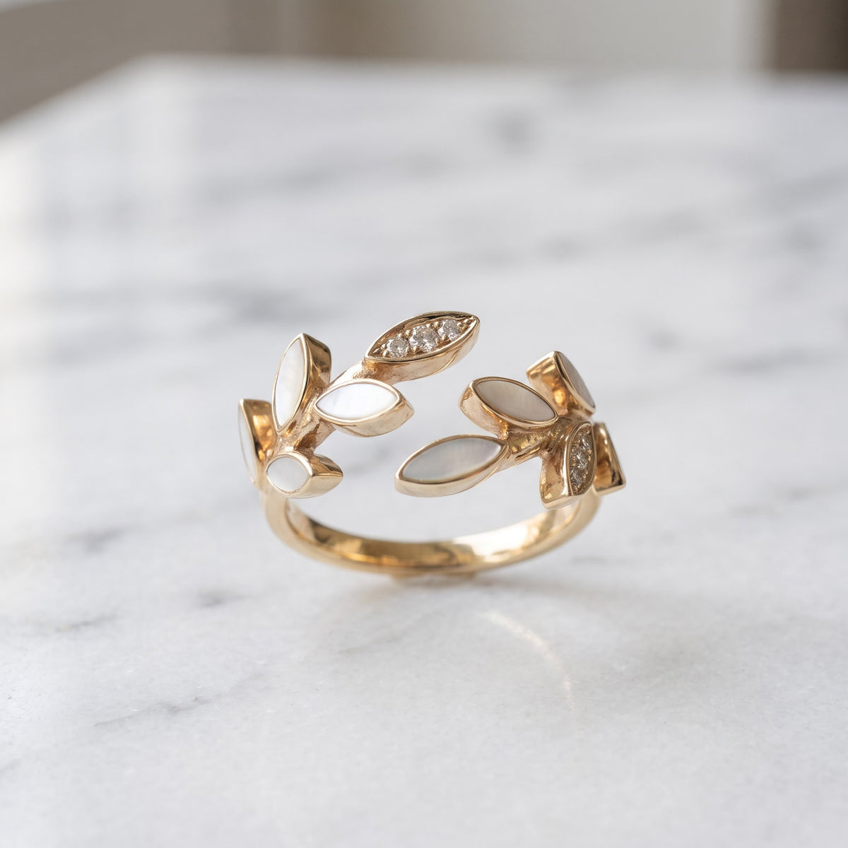 0.75 ct Mother of Pearl and Diamond Leaf Wrap Ring in 18K Yellow Gold