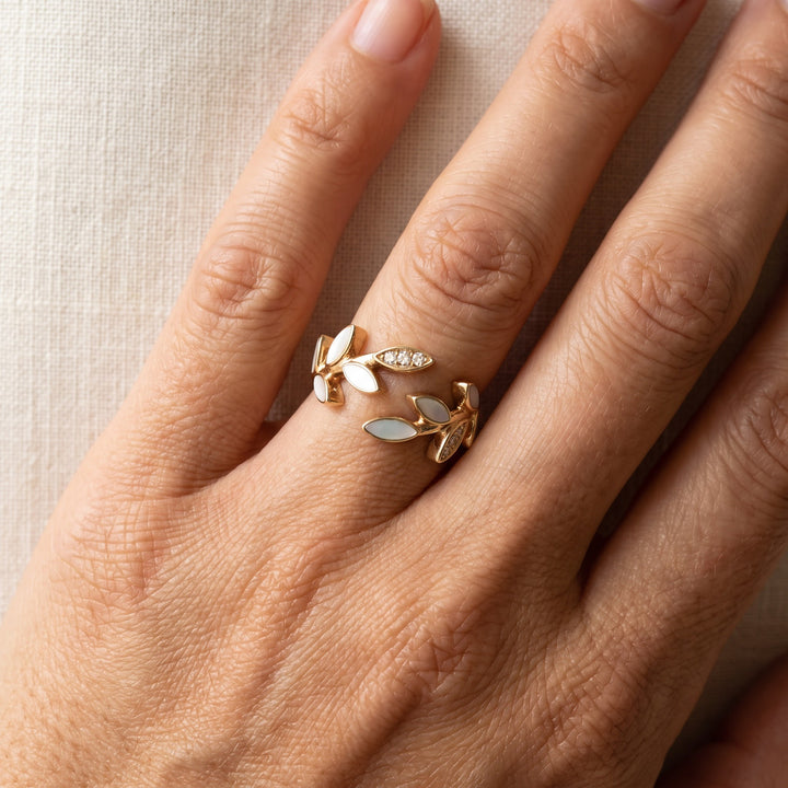0.75 ct Mother of Pearl and Diamond Leaf Wrap Ring in 18K Yellow Gold, worn