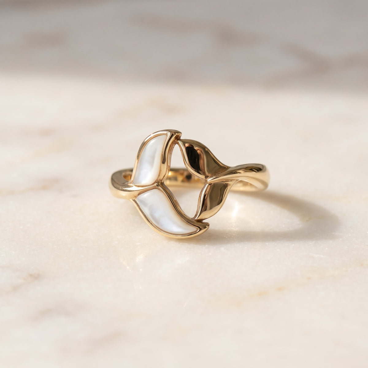 Mother of Pearl Whale Tail Ring in 14K Yellow Gold