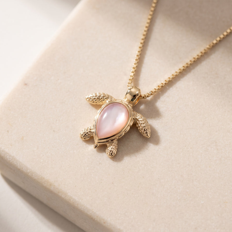 Mother-of-Pearl Sea Turtle Charm Necklace in 14K Yellow Gold
