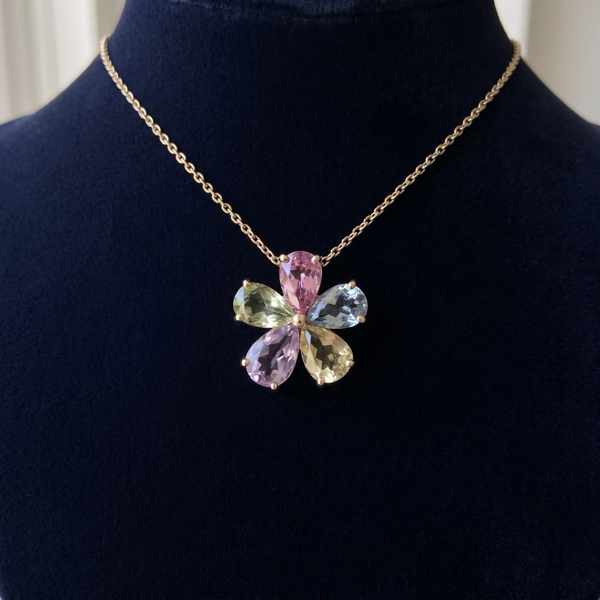 3.93 ct Multi-Color Pear-Cut Sapphire Flower Charm Necklace in 14K Yellow Gold