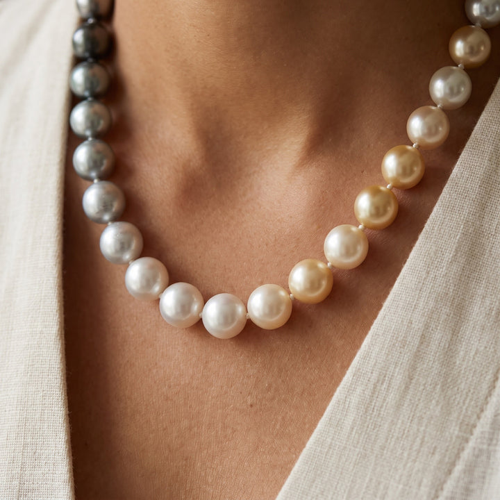 Tahitian and Golden South Sea Pearl Ombre Necklace with 14K Yellow Gold Clasp, worn
