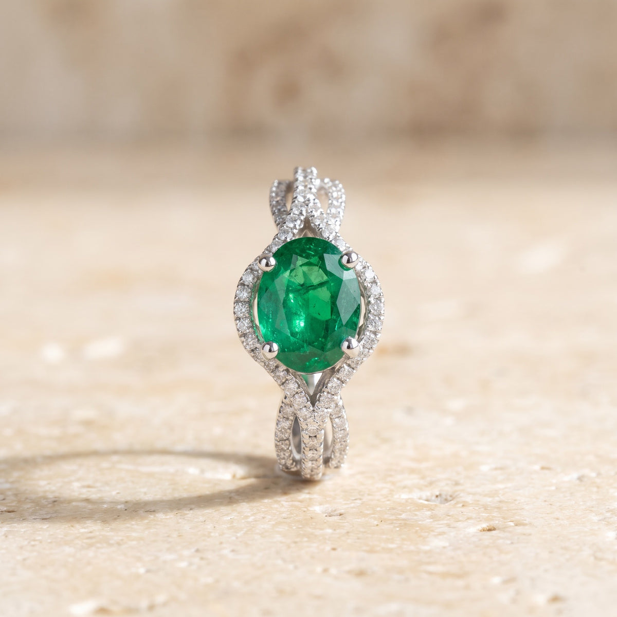2.95 ct Oval Emerald and Diamond Halo Cocktail Ring in 14K White Gold