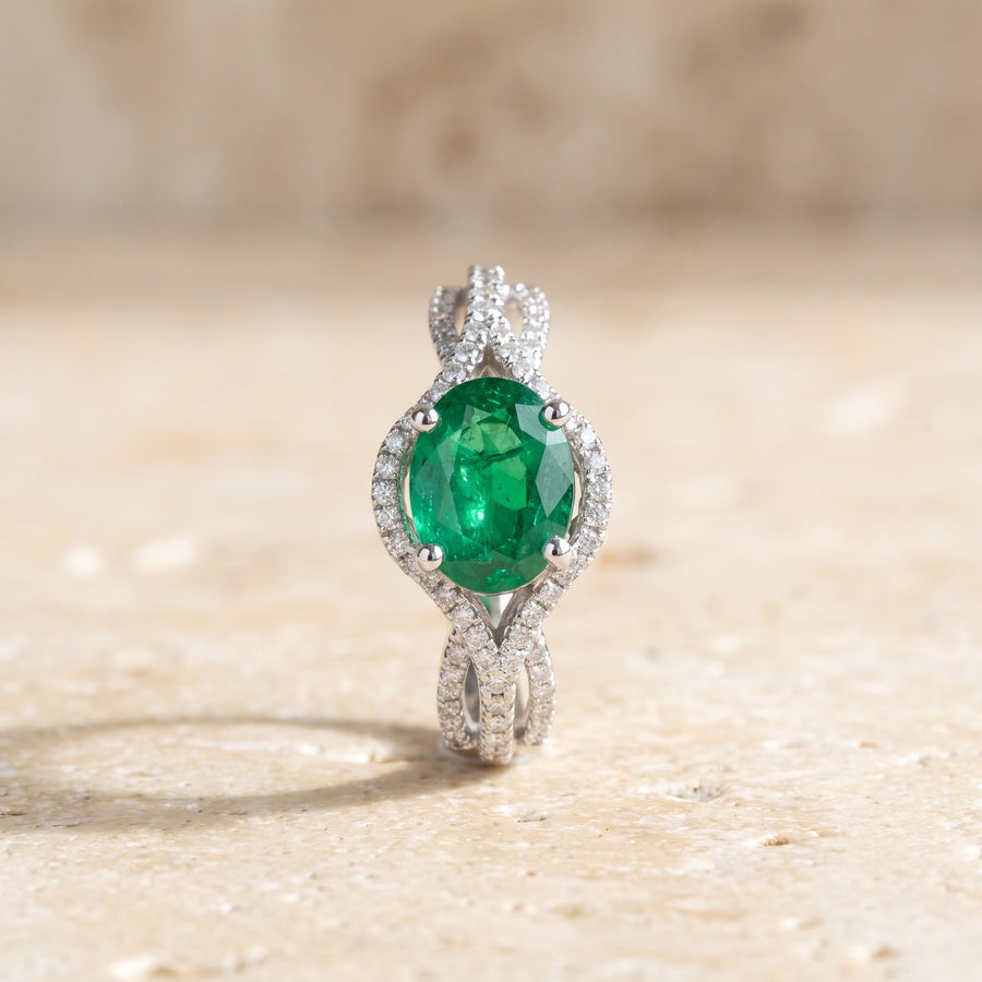 Oval Emerald and Diamond Halo Cocktail Ring in 14K White Gold