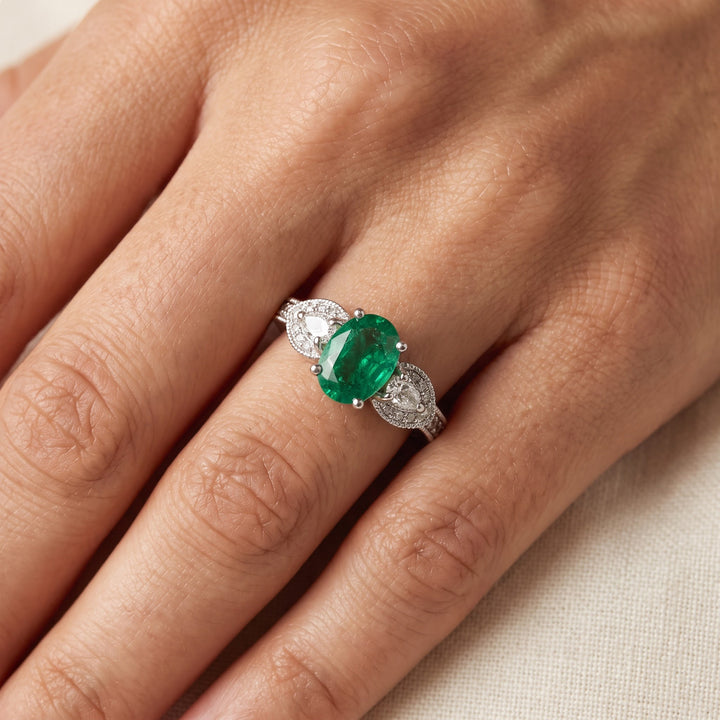 1.31 ct Oval Emerald and Diamond Ring in 14K White Gold, worn