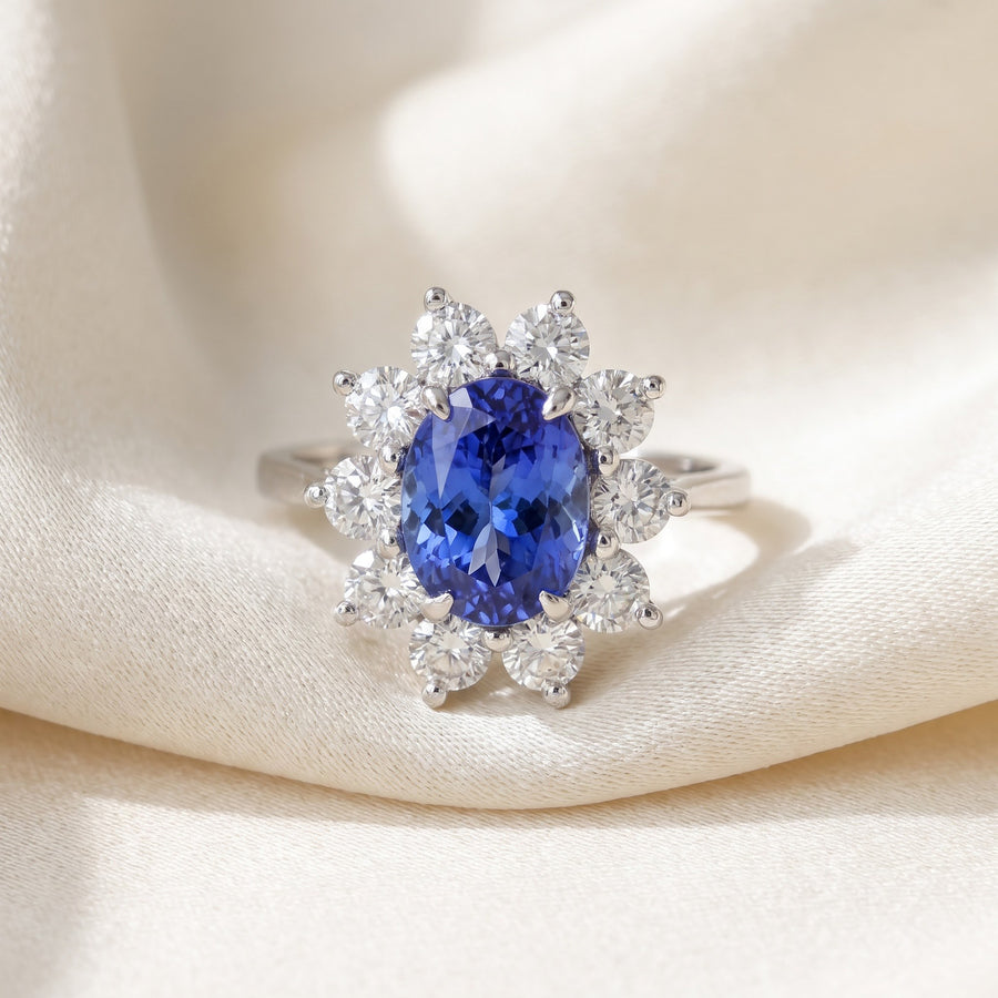 Oval Tanzanite Floral Halo Cocktail Ring in White Gold
