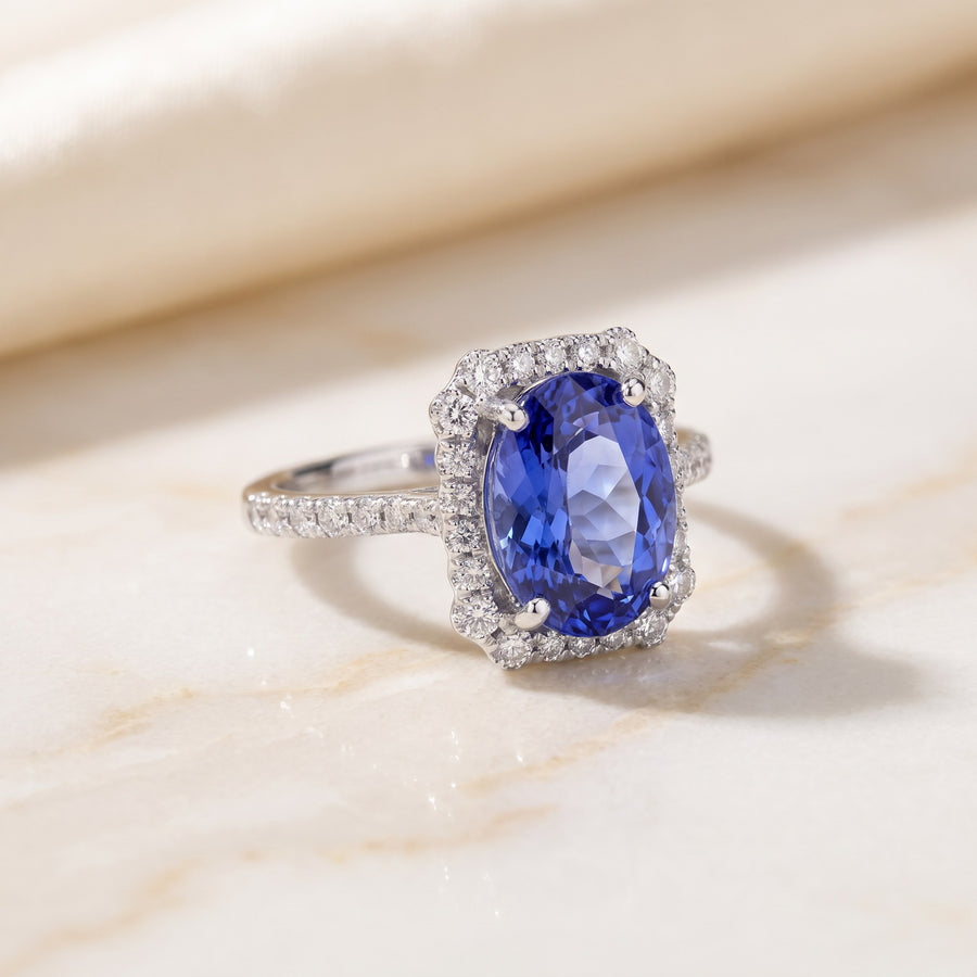 Oval Tanzanite Halo Cocktail Ring in White Gold