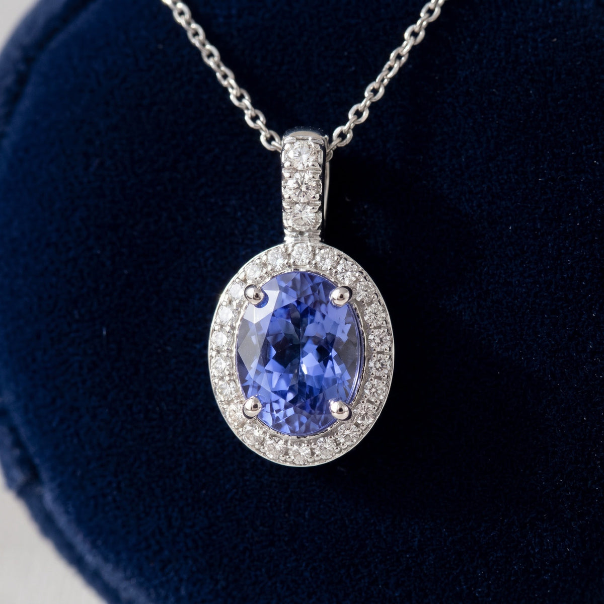 2.24 ct Oval Tanzanite and Diamond Halo Pendant Necklace in 14K White Gold