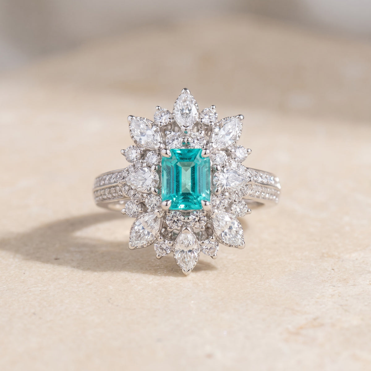 0.86 ct Paraiba Tourmaline and Diamond Floral Halo Cocktail Ring in 18K White Gold