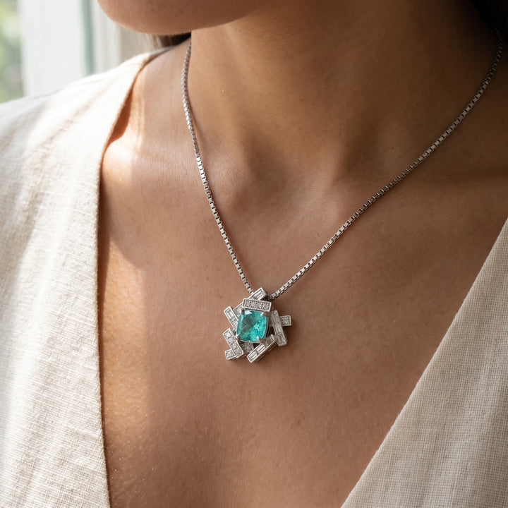 0.67 ct Paraiba Tourmaline and Diamond Geometric Pendant Necklace in 18K White Gold, worn