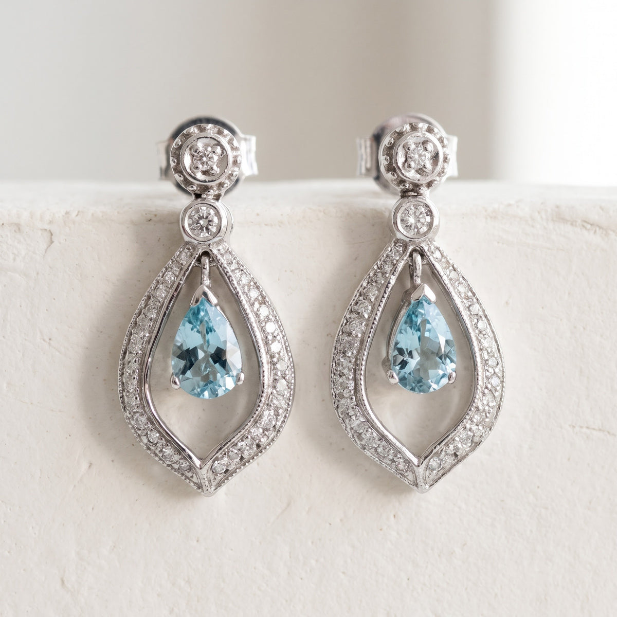 2.12 ct Pear Aquamarine and Diamond Drop Earrings in 14K White Gold