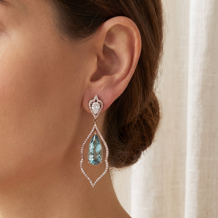 6.20 ct Pear-Cut Aquamarine, Pink Diamond and Diamond Dangle Earrings in 14K Rose Gold, worn