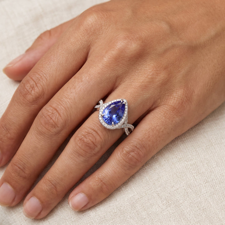3.86 ct Pear-Shaped Tanzanite and Diamond Halo Cocktail Ring in 14K White Gold, worn